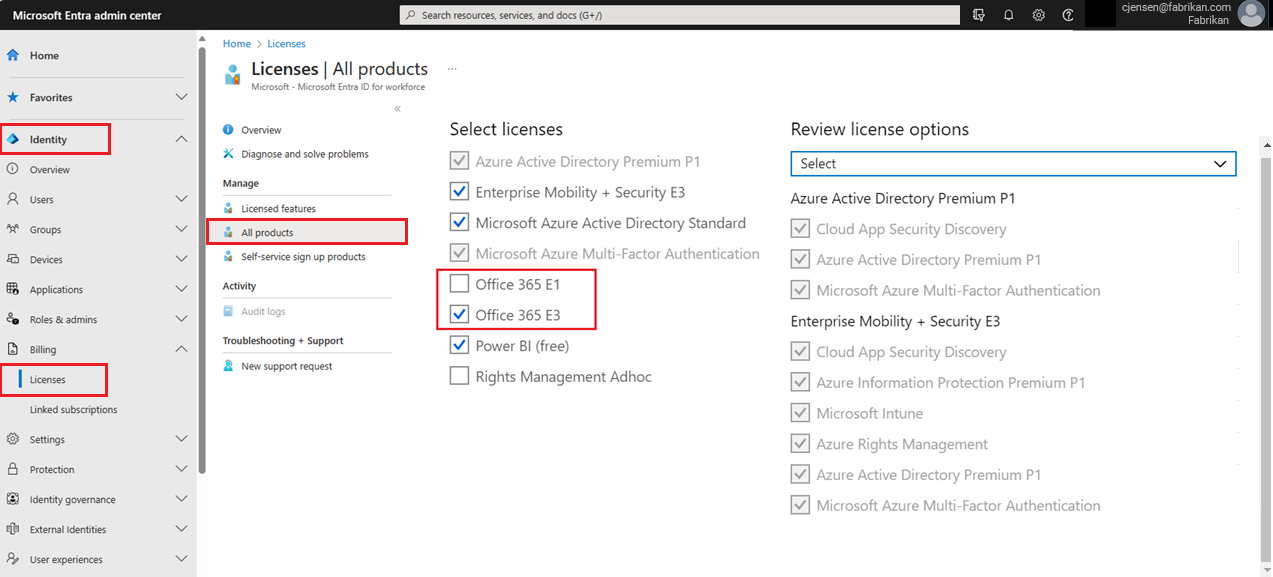 Capture d’écran de la page Affectations de licence d’un utilisateur avec Office 365 E1 décoché et Office 365 E3 coché.