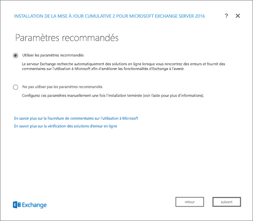 Programme d’installation Exchange – Page Paramètres Recommandés.