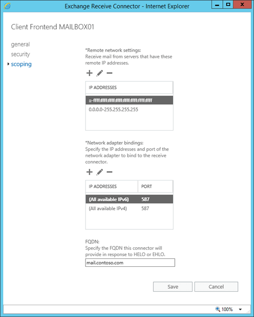 Onglet d’étendue pour le connecteur de réception frontend client.