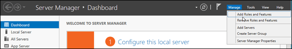 Dans Gestionnaire de serveur, cliquez sur Gérer pour accéder à Ajouter des rôles et des fonctionnalités.