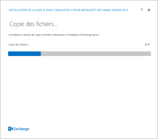 Programme d’installation d’Exchange, page Copie de fichiers.