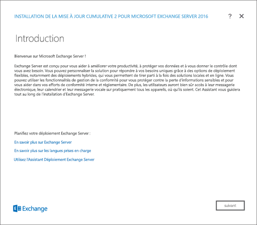 Programme d’installation Exchange – Page Introduction.