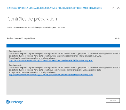 Programme d’installation Exchange – Page de Vérification de l'état de préparation avec des erreurs résolues.