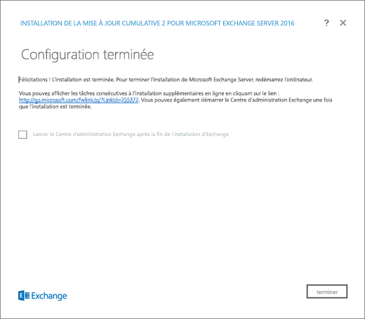Programme d’installation d’Exchange, page Installation terminée.