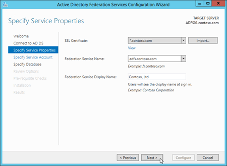 Page Spécifier les propriétés du service dans l’Assistant Configuration Services ADFS.