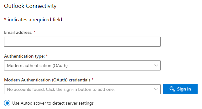 Capture dʼécran du formulaire Connectivité Outlook montrant les champs requis : adresse e-mail, type dʼauthentification et informations dʼidentification.