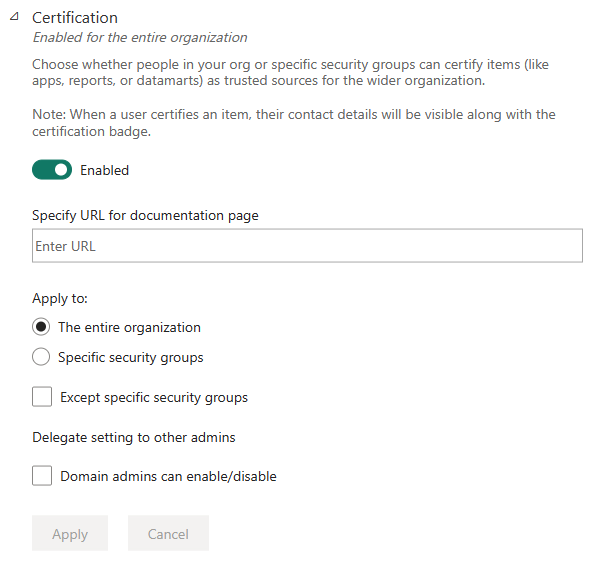 Capture d’écran présentant comment configurer un modèle sémantique et la certification du flux de données.