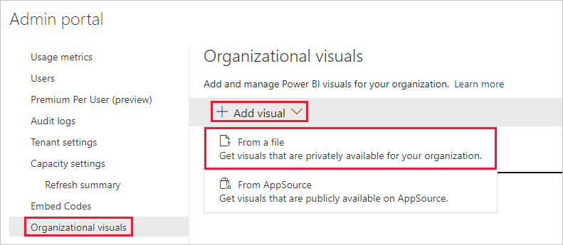 Capture d’écran montrant le menu Visuels d’organisation dans les paramètres d’administration de Power BI. L’option Ajouter un visuel est développée et l’option À partir d’un fichier est sélectionnée.