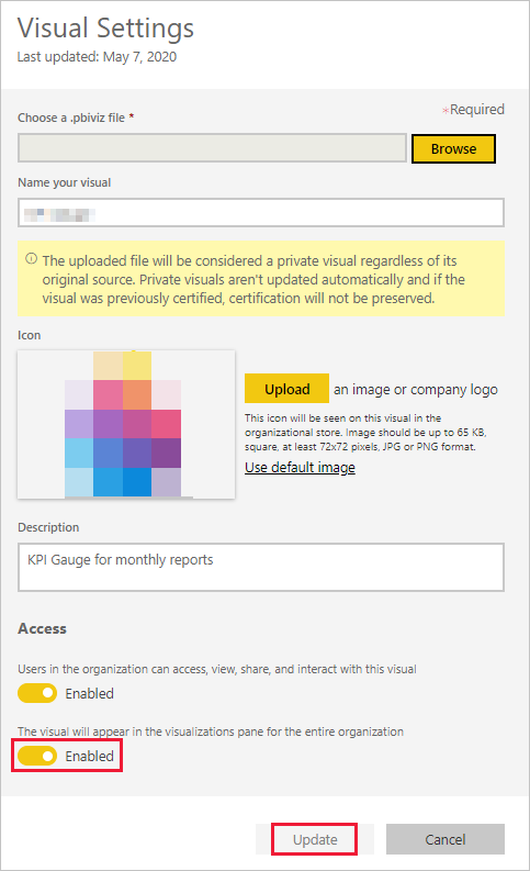 Capture d’écran montrant la boîte de dialogue Paramètres du visuel avec le deuxième bouton dans la zone Accès, intitulé Le visuel apparaît dans le volet de visualisations pour l’ensemble de l’organisation, activé.