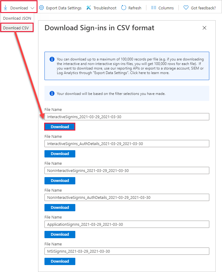 Capture d’écran de l’exportation de données avec l’option Télécharger mise en surbrillance.