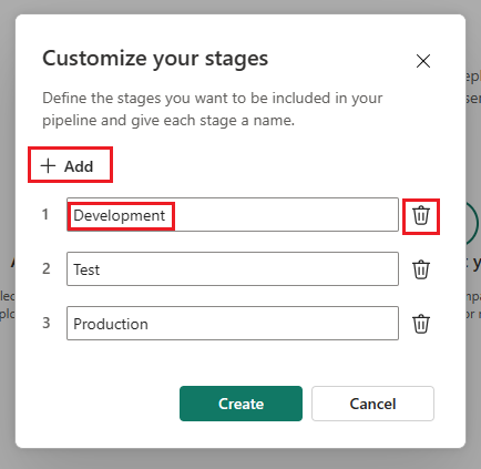 Capture d’écran de la boîte de dialogue « personnaliser le pipeline ». Les options d’ajout et de suppression sont indiquées, ainsi que le nom de l’étape de développement.