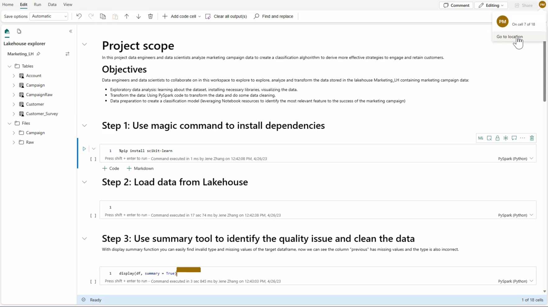 Capture d'écran montrant une cellule de code éditée par un autre utilisateur.