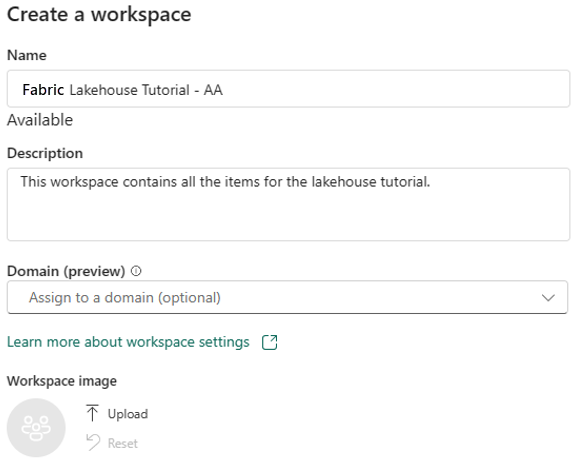 Screenshot of the Create a workspace dialog box.