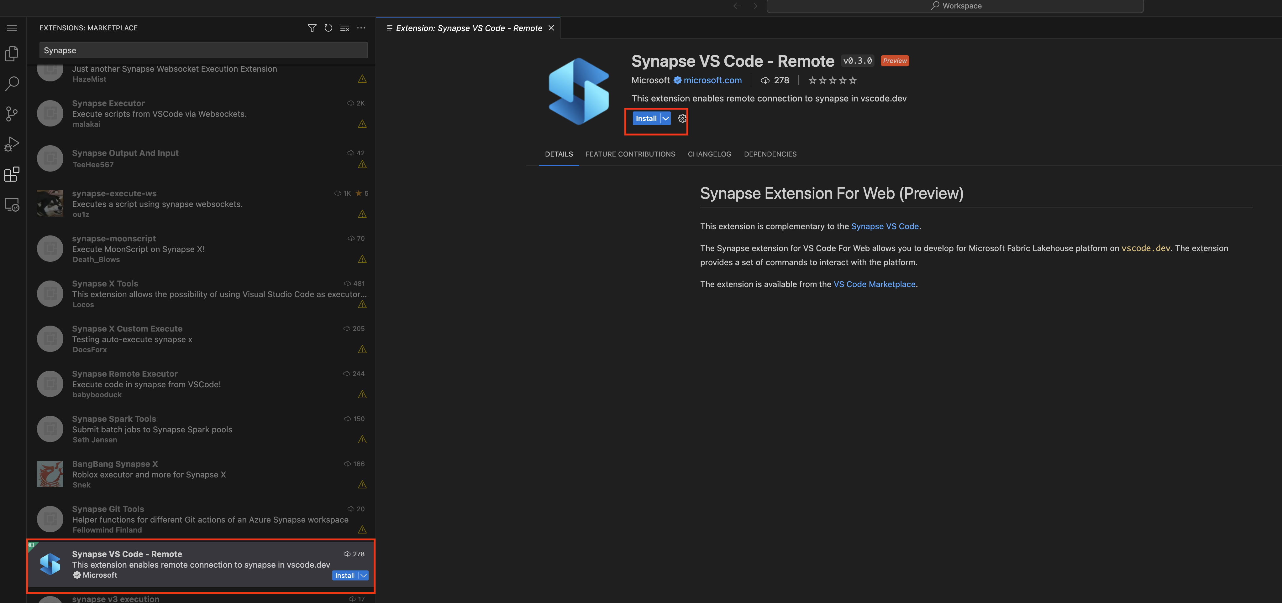 Capture d'écran montrant l'installation de l'extension web Synapse VS Code.