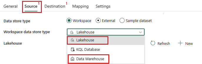 Capture d'écran montrant les onglets Lakehouse et Data Warehouse Source.