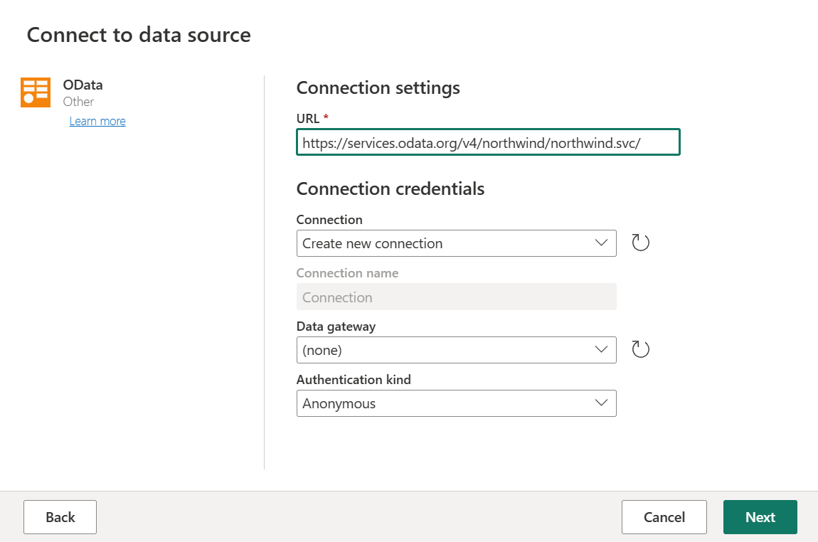 Capture d’écran de la source de données OData où vous entrez l’URL.