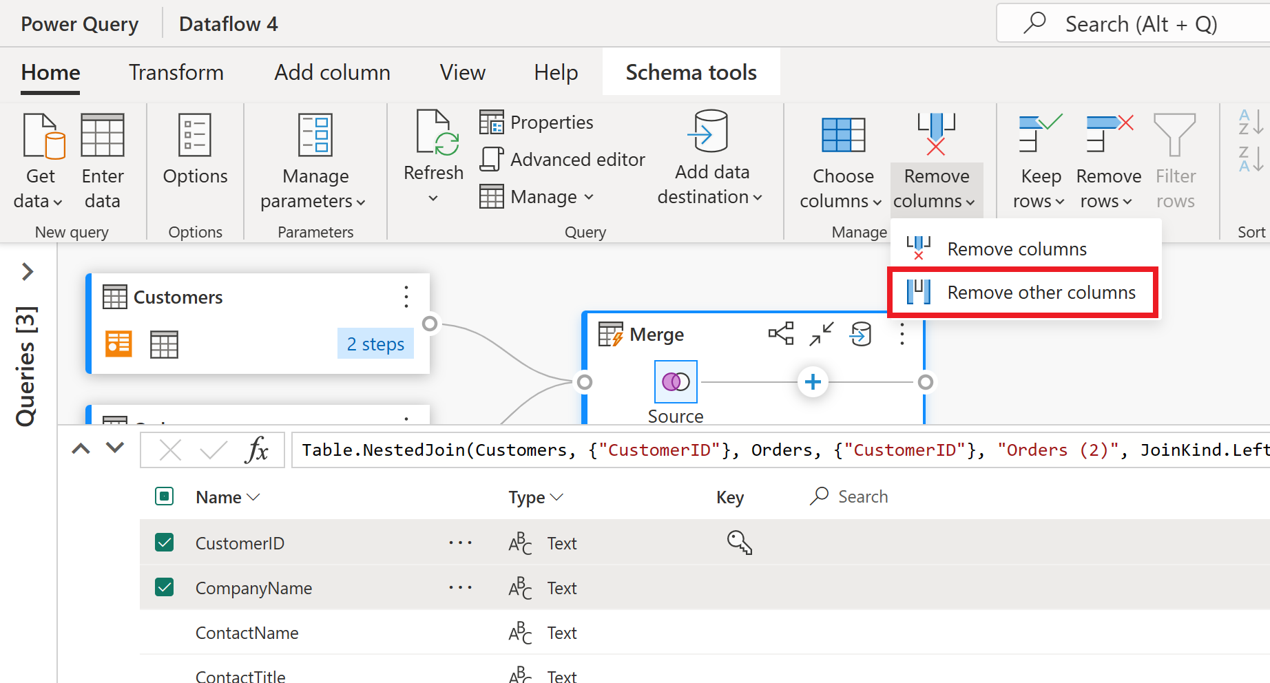 Capture d’écran du menu des outils de schéma avec l’option Supprimer d’autres colonnes mises en évidence.