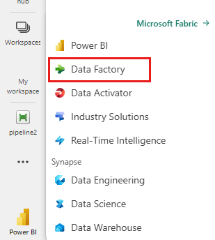 Capture d’écran avec l’expérience Data Factory mise en avant.