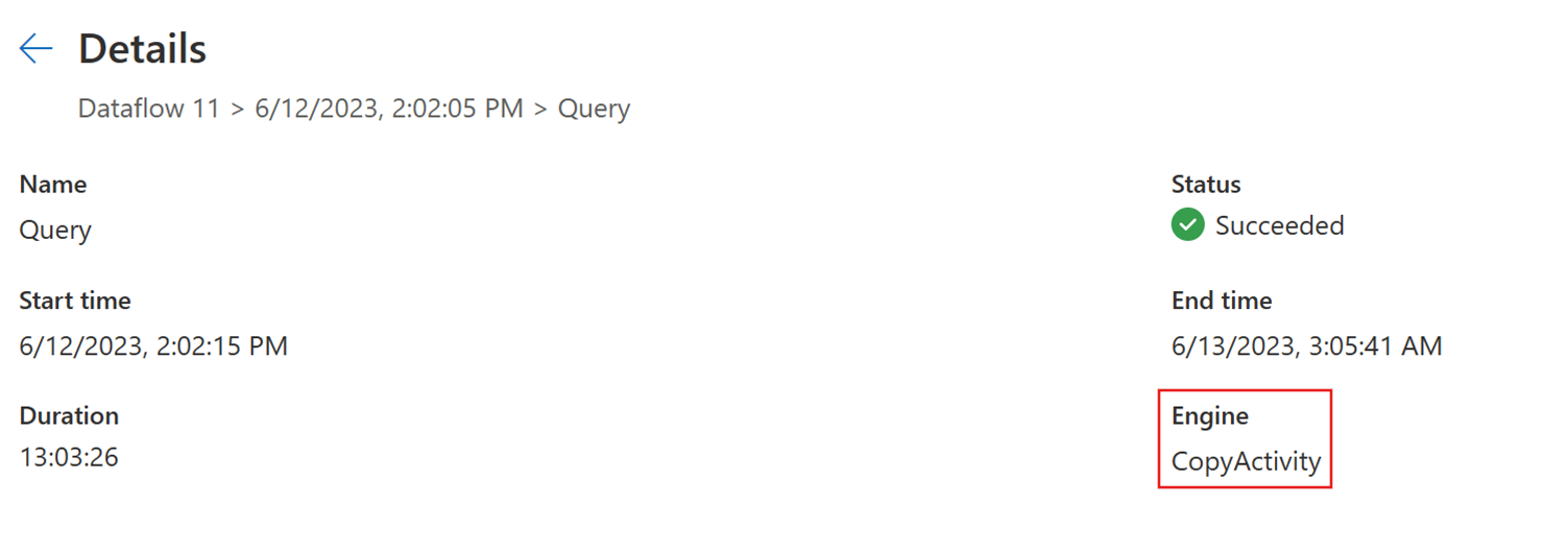 Capture d’écran montrant les détails d’actualisation indiquant que le moteur CopyActivity du pipeline a été utilisé.