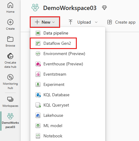 Capture d'écran illustrant un espace de travail de démonstration avec la nouvelle option Flux de données Gen2 en surbrillance.