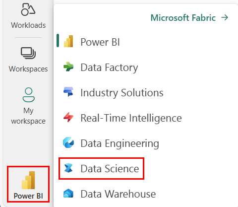 Capture d’écran du menu de sélection d’expérience, montrant où sélectionner Data Science (Science des données).