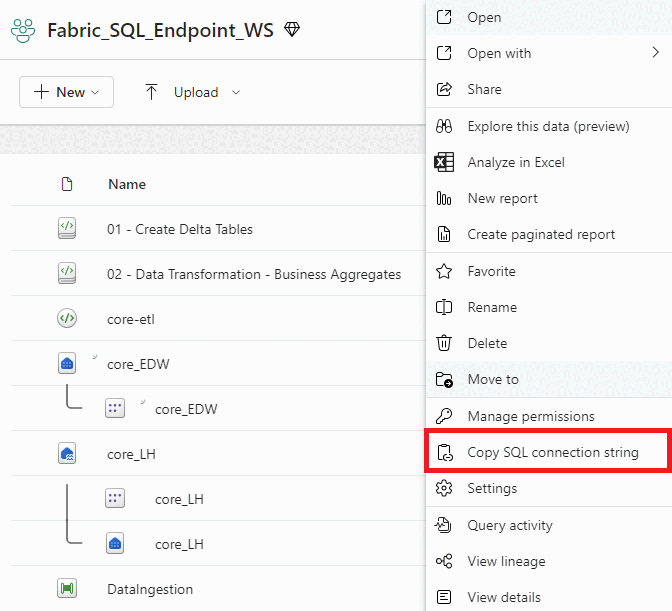 Capture d’écran du portail Fabric du menu contextuel Plus d’options. L’option Copier la chaîne de connexion SQL est mise en surbrillance.