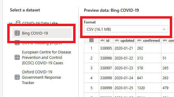 Capture d’écran des différentes options de jeu de données pour l’échantillon COVID-19, les formats de fichier et une grille affichant un aperçu des données.