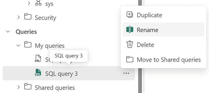 Capture d’écran du volet Explorer, montrant où cliquer avec le bouton droit sur la requête et sélectionner Renommer.