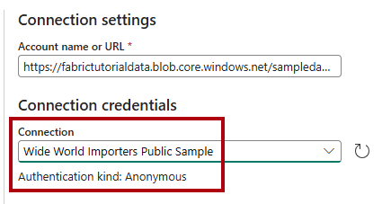 Capture d’écran de la page Connection settings (Paramètres de connexion) avec les champs Account name (Nom du compte) and Connection credentials (Informations d’identification de connexion) complétés comme indiqué dans les étapes précédentes.