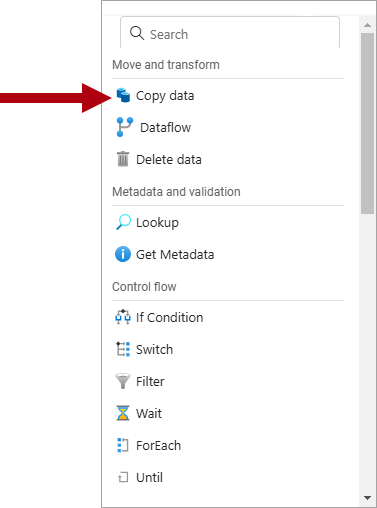 Capture d’écran de la section Move and transform (Déplacer et transformer), montrant où sélectionner Copy data (Copier des données).