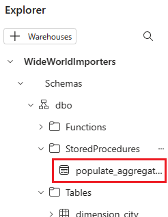 Capture d'écran du volet Explorateur, montrant où développer le nœud Procédures stockées pour trouver votre procédure nouvellement créée.