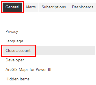 Capture d’écran montrant le menu des paramètres de Power BI. Les options de menu Général et Fermer le compte sont mises en évidence.