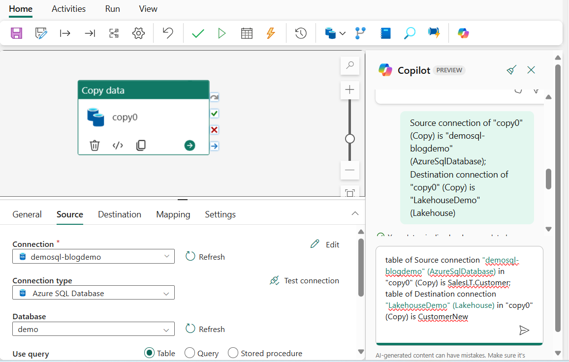 Capture d’écran montrant le Copilot demandant des détails supplémentaires dans la conversation pour terminer l’activité Copy générée.