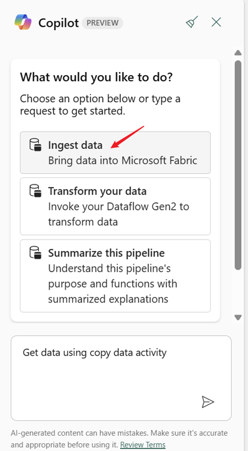 Capture d’écran montrant le Copilot Data Factory, avec l’option Ingérer des données mise en évidence.