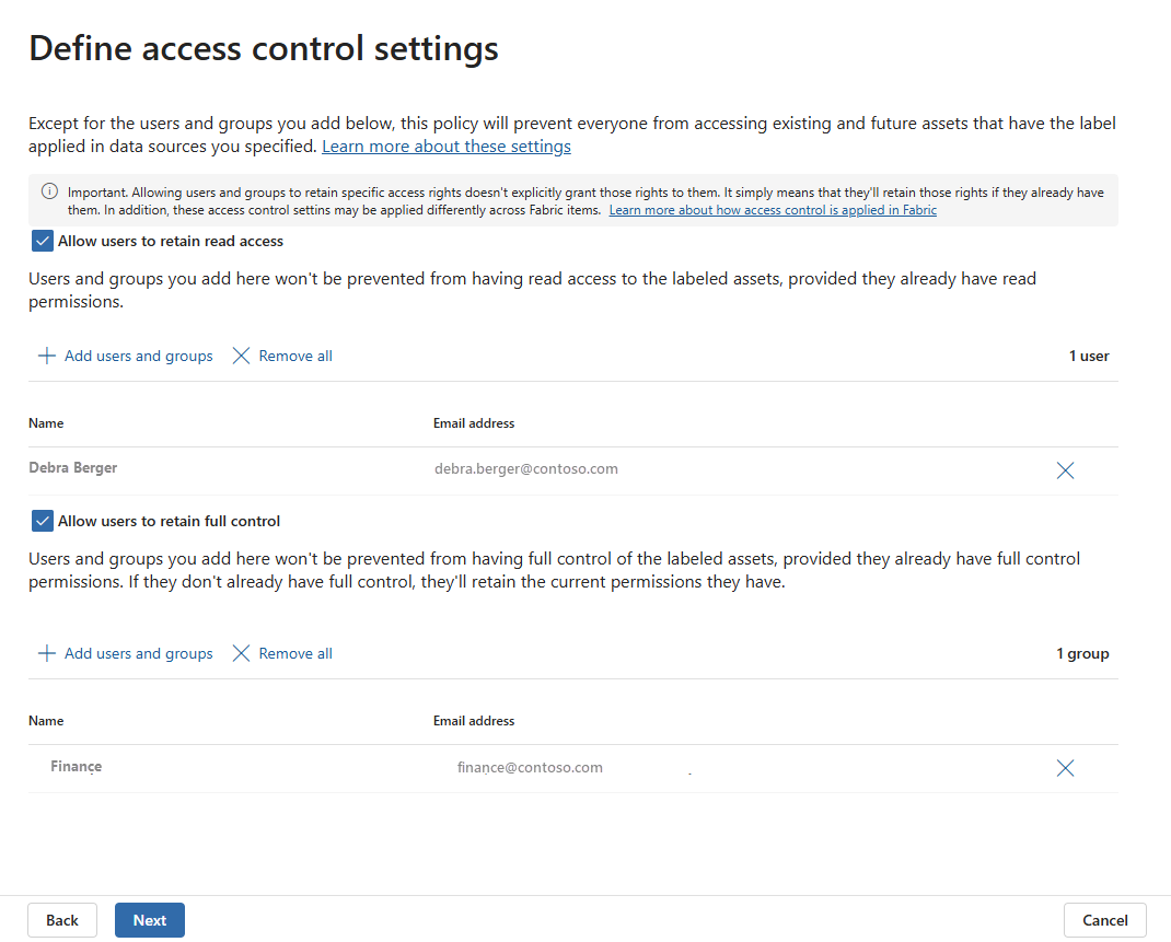 Capture d’écran de la page définir les contrôles d’accès dans la configuration de la stratégie de protection.