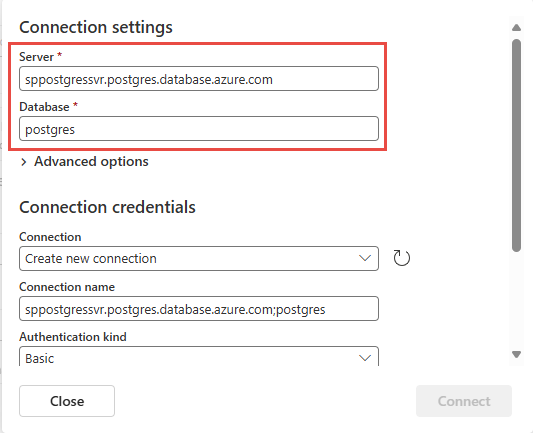 Capture d’écran montrant la section Paramètres de connexion pour le connecteur de base de données Azure PostgreSQL.