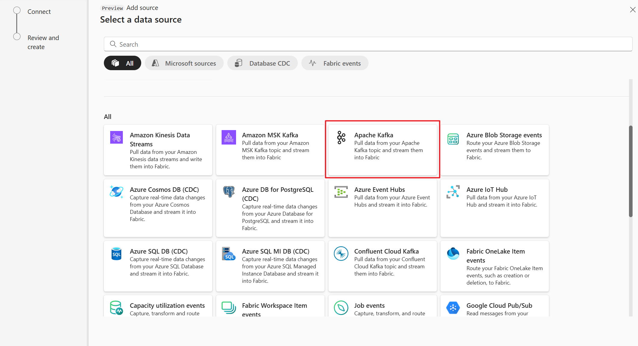 Capture d’écran montrant la sélection d’Apache Kafka comme type de source dans l’assistant Obtenir des événements.