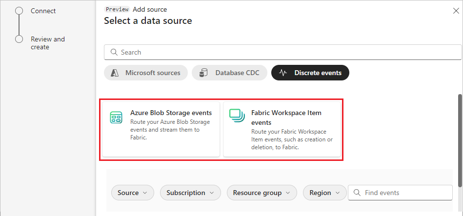 Capture d’écran de la sélection d’événements Stockage Blob Azure.