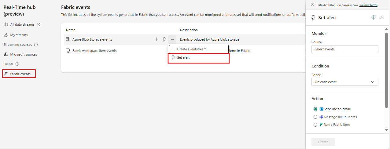 Capture d’écran de l’onglet Événements Fabric du hub en temps réel et du volet Définir l’alerte.