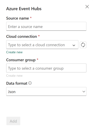 Capture d’écran de la configuration de source Azure Event Hubs.