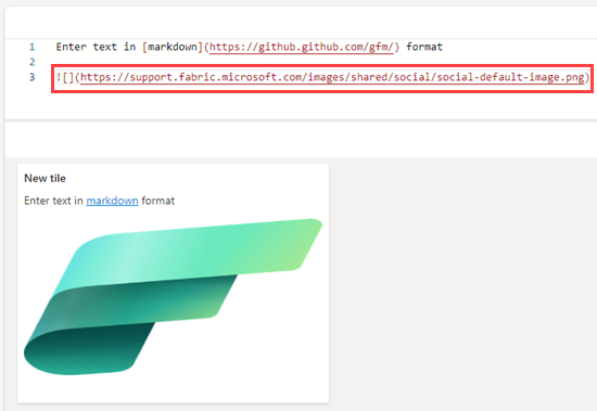 Capture d’écran du volet de requête du tableau de bord montrant la syntaxe de l’image dans le texte markdown. 