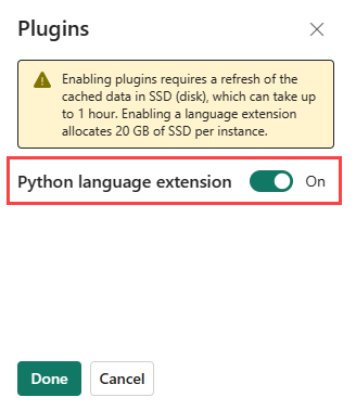 Capture d'écran du panneau des plugins montrant l'extension du langage Python. Le bouton de basculement est mis en évidence.