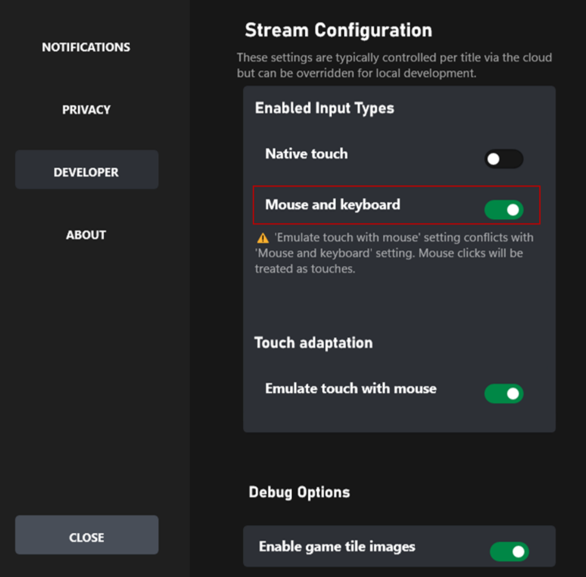 Developer settings on PC CTA