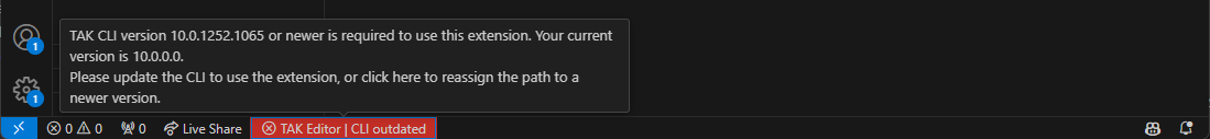 Screenshot of the status bar item indicating that the TAK CLI version is outdated