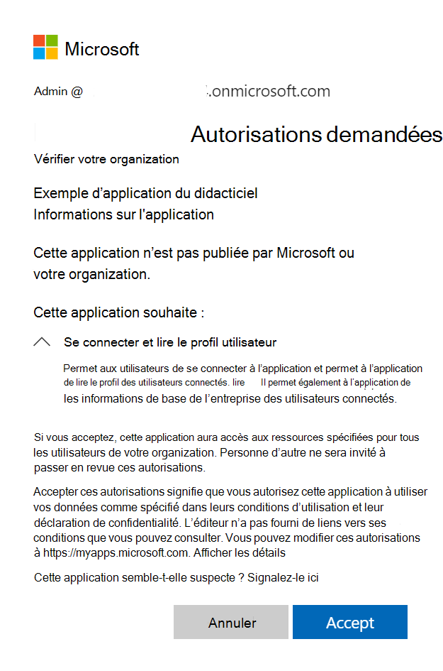 La boîte de dialogue de consentement administrateur indique les autorisations à accorder et les actions autorisées par les autorisations.