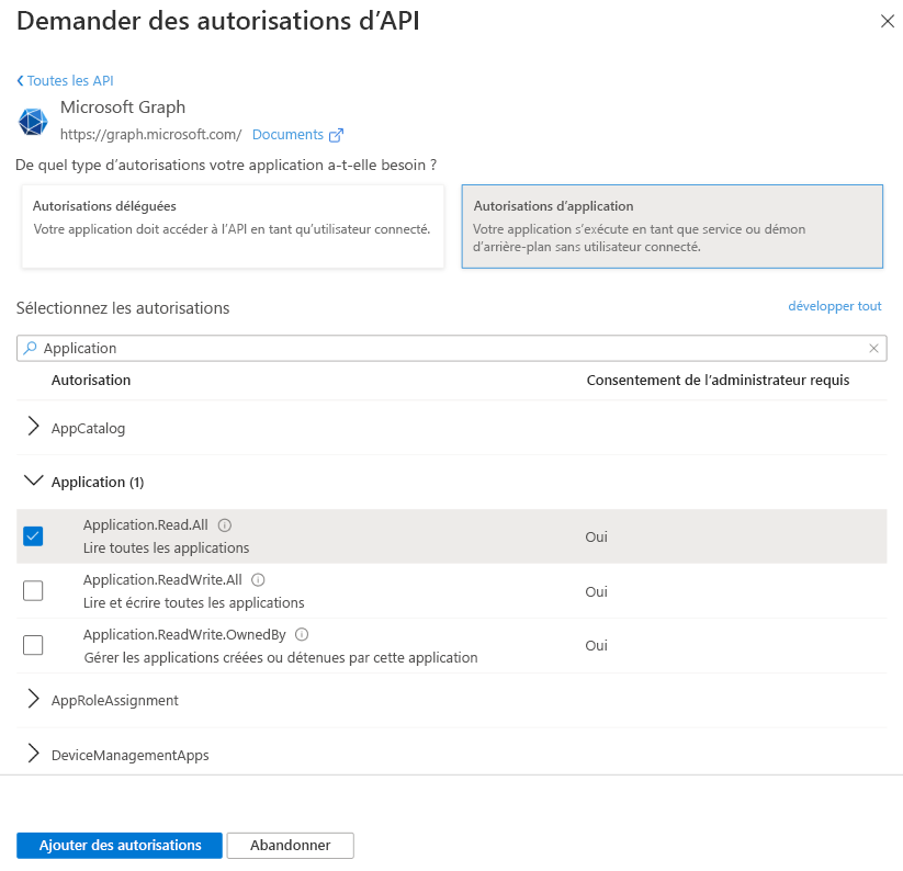 Sélectionner la fenêtre des autorisations pour les autorisations d’application de Microsoft Graph.