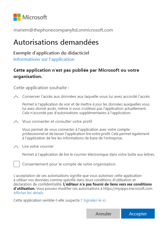 Boîte de dialogue de consentement pour un compte Microsoft.