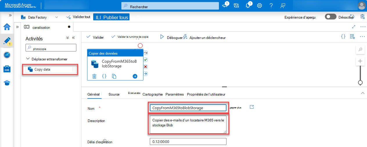 Capture d’écran de la page du service Data Factory du portail Azure avec les champs Copier les données, Nom et Description mis en évidence.