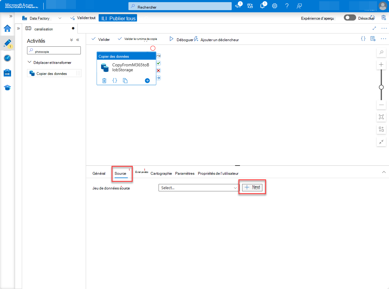 Capture d’écran de la page du service Data Factory du portail Azure avec la création d’une source de pipeline.