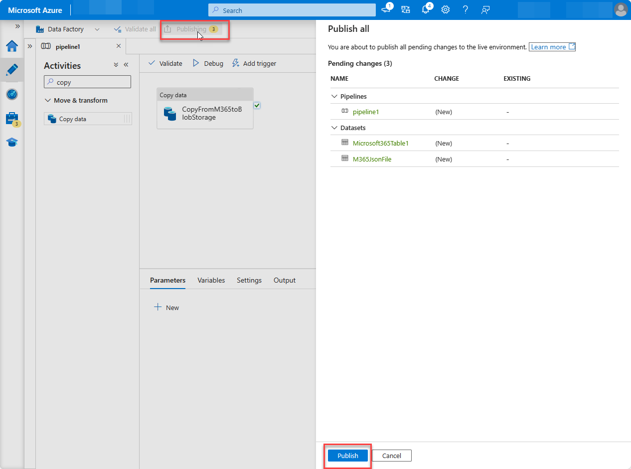 Capture d’écran de la page des ressources de fabrique du portail Azure avec publier tout en surbrillance.